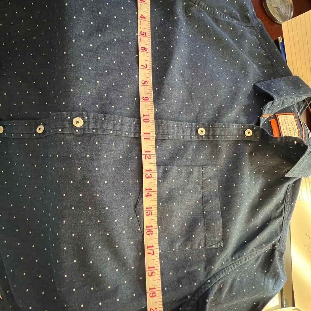 DENIM & FLOWER MEN’S SHORT SLEEVE SHIRT. SIZE LARGE SLIM FIT BLUE W/WHITE DOTS - Picture 8 of 8